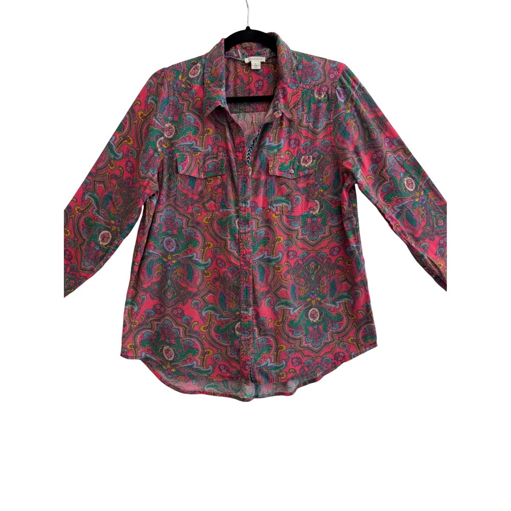 Sundance Paisley Button Down Shirt Womens L Pink Cotton Roll Tab Sleeve Boho - Picture 3 of 10